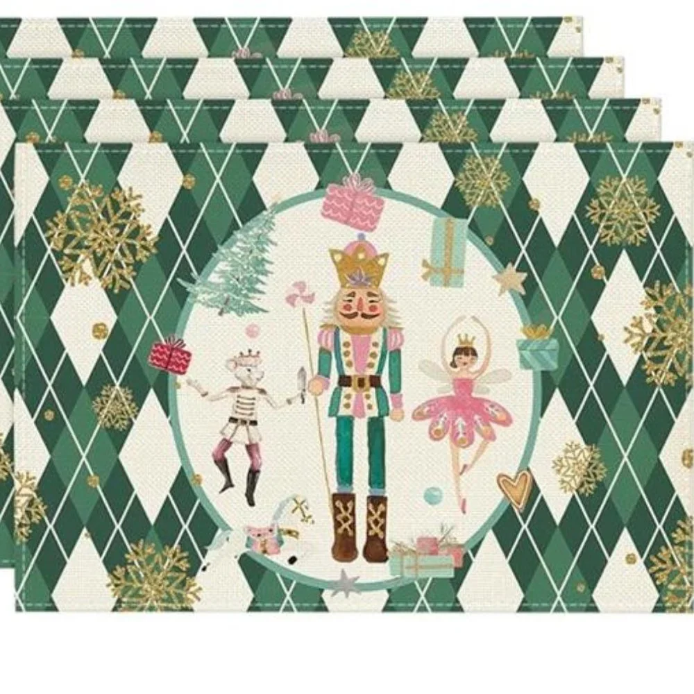 Nutcracker Placemats Christmas Decor Xmas Holiday Green Table Decorations Set 4